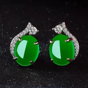 High quality Natural stone emerald Jade earrings 925 sterling silver green agate gemstone earrings