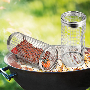 Stainless Steel Rolling BBQ Grill Basket Cylindrical Net Portable Outdoor Grilling Cage For Meat Vegetables Smoke Cooking - Product Image 1