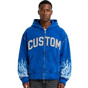 Sweat-shirt à capuche zippé en polaire bleu pour homme, lettrage personnalisé en strass, 100% coton, style streetwear d'hiver - Product Image 4
