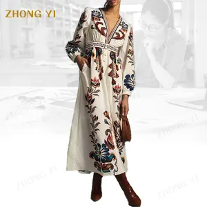 2024 personalizado otoño Vintage impreso moda tejido de algodón con bolsillos Casual Floral mujeres manga larga Boho Maxi vestidos