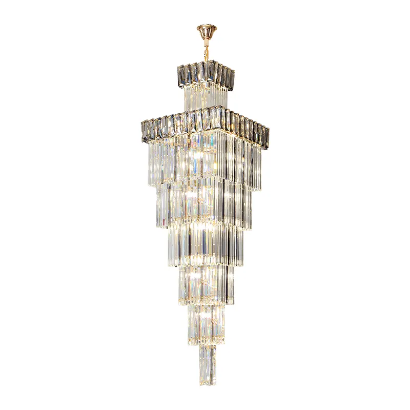 Lustre de cristal cinza fumaça de luxo para sala de estar, lâmpada duplex decorativa para escadas, edifício de hotel