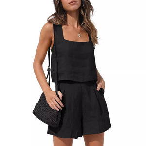 Ensemble deux pièces en lin pour femmes, haut sans manches et short, tenue d'été décontractée, style coréen et japonais, livraison directe Shopify - Product Image 2