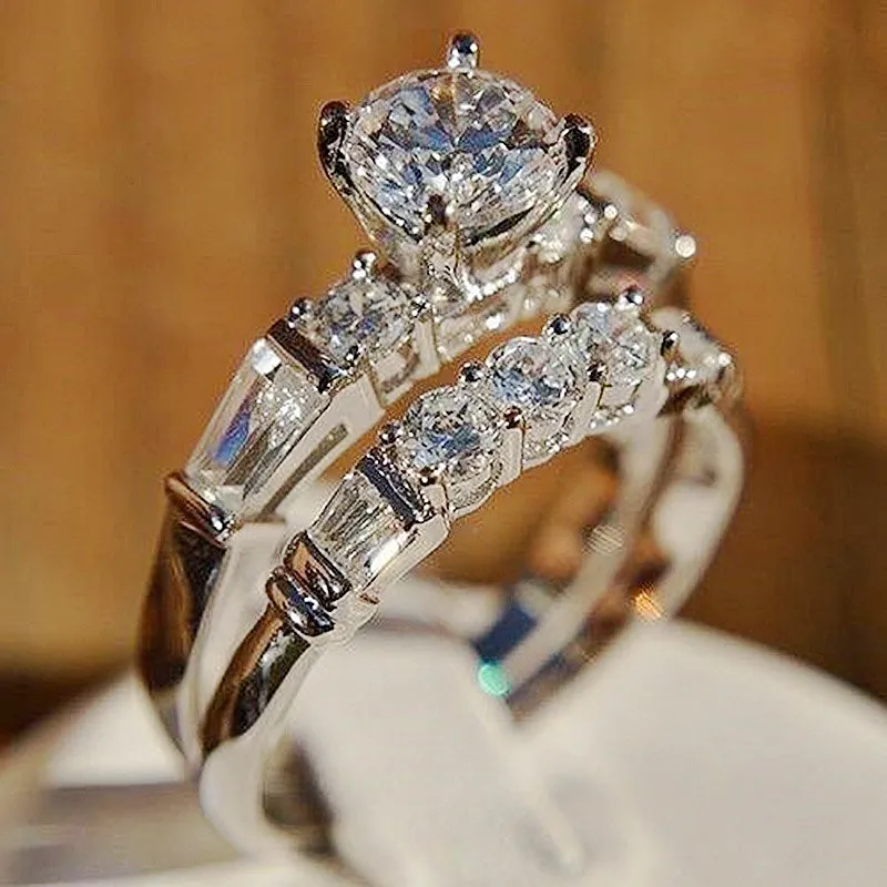 Anéis de zircônia cúbico banhados à prata, 2 pçs/set, cristal, anel de casamento, moderno, aliança de noivado para mulheres, joias de luxo
