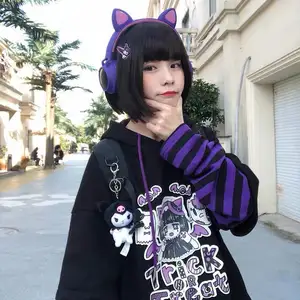 Toptan hoodies kore tarzı büyük boy anime-Kız Kawaii Hoodies kadın eşofman siyah Hoodie Anime uzun kollu kore tarzı kazak büyük boy gotik Poleron