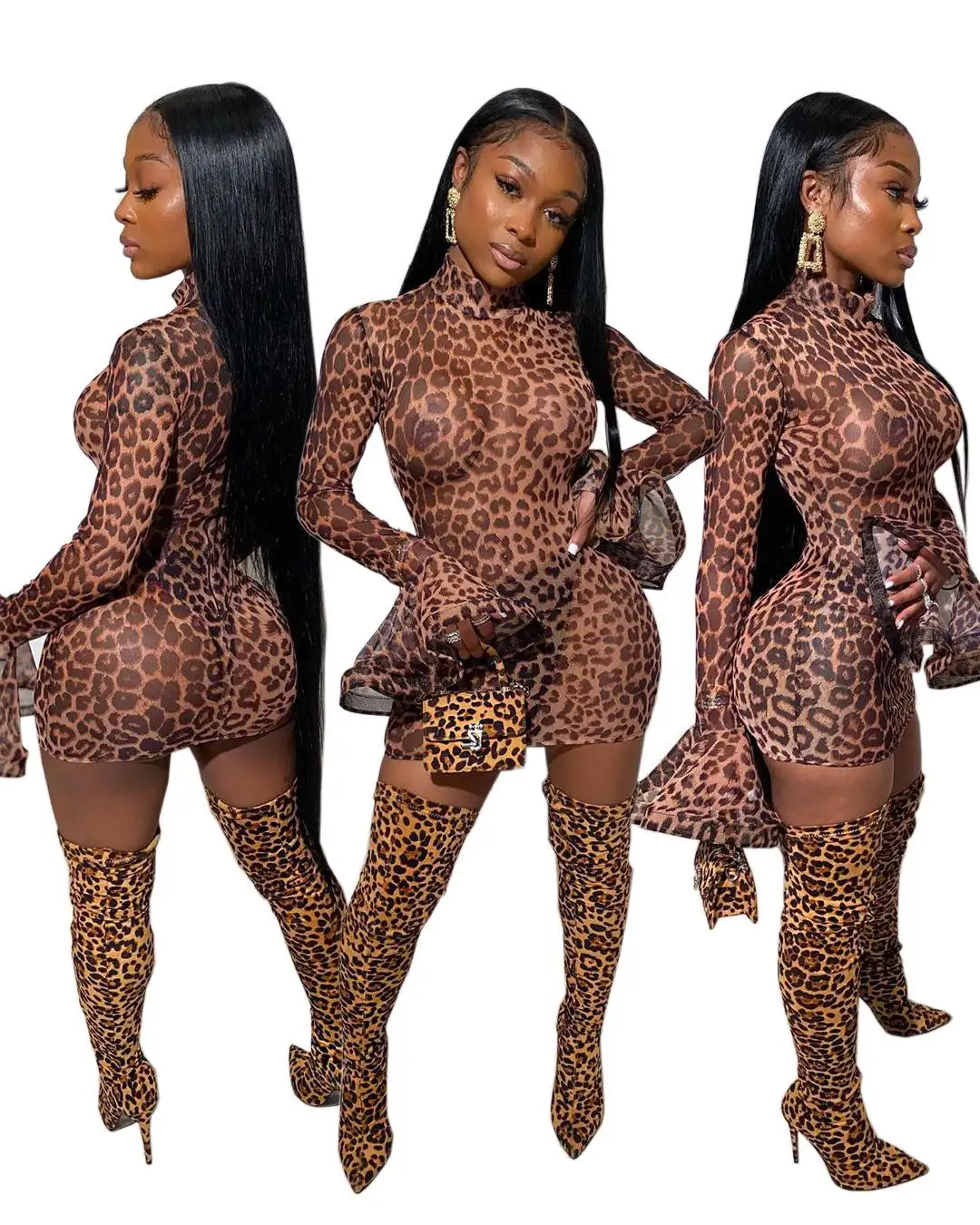 2021 Sexy Leopard Printed Long Flare Sleeve Mini Dress casual dresses Women Clothes Night Club Wear