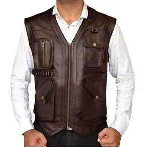 High Quality Hot Selling For Mens Vest Premium Quality Mens Motorcycle Cargo Multi Pockets Safari Brown Leather Vest