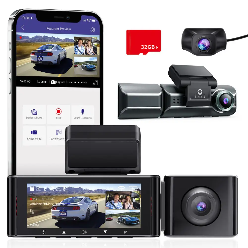 Kamera Dasbor Dvr 3 Saluran 4K 3.17 ''Ips Kamera Dasbor Mobil Depan Di Dalam Belakang Wifi GPS Mode Parkir 360 Derajat Perlindungan Penuh