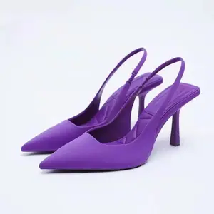 Nouveaux talons bon marché pour dames, vente en gros, Mules pointues en daim violet, talons pour dames, bride arrière, Mules à talon bloc