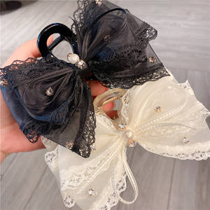 Pince à cheveux en dentelle française avec nœud, grande pince requin en tissu pour femmes, accessoires de coiffure de mariée - Product Image 1