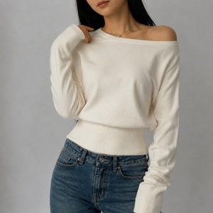Pull en tricot à épaules dénudées pour femmes, manches longues, couleur unie, coupe ample, doux, chaud, décontracté, automne-hiver - Product Image 6