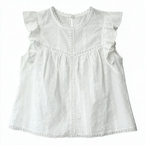 Débardeur en coton blanc pour femme avec dentelle et volants, col rond, style Prairie Chic, respirant, broderie tissée à la main, motif uni - Product Image 1