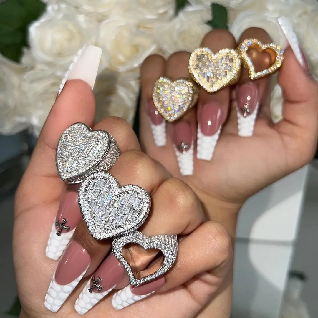 2022 Fashion Jewelry Hip Hop Gold Plated Icy Rings Set Iced Out Baguette Heart Rings Diamond Chunky Heart Ring For Women