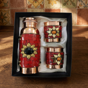 Copper Water Bottle and Glass Set Red Floral <b>Drinkware</b> Gift Set Custom Logo Home Wedding Use - Indian Home Crafts - Product Image 1