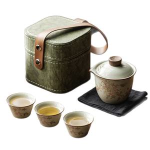 Juego de Té Portátil de Cerámica para Viaje, Color Beige Ru Kiln, Rosa Melocotón, para Acampar al Aire Libre, con Bolsa Cuadrada, Una Tetera y Tres Tazas, Estilo Chino Moderno - Product Image 5