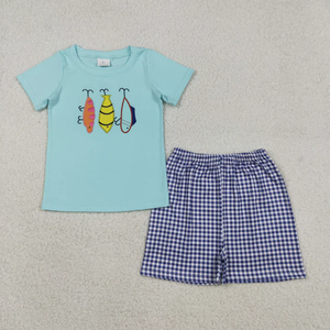 Conjuntos de verano para niños y niñas, camiseta de manga corta con bordado de cebo de pescado y pantalones cortos a cuadros, conjunto de ropa de 2 piezas, ropa para hermanos - Product Image 2