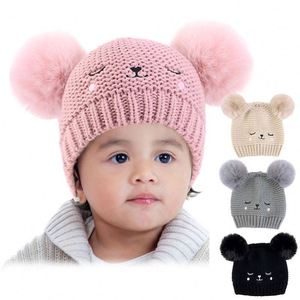 Wholesale Custom Cute Winter Double Pom Beanie Hat 0-5 Year Girl Warm Knitted Fleece Lining Slouchy Boy Acrylic Adjustable <b>3</b> - Product Image 1