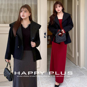 แฮปปี้ฮัทเสื้อโค้ทผสมขนสัตว์ แขนยาว ความหนาปานกลาง ปกเสื้อแบบอุ่น ด้านหน้า สำหรับผู้หญิง ไซส์พลัส เสื้อคลุมตัวนอก - Product Image 4