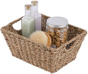 Panier de rangement en rotin naturel rectangulaire avec poignées, style rustique, pour l'organisation des articles divers - Product Image 1