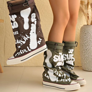 2025 kadın pantolon sokak tarzı ayakkabı Graffiti kemer toka orta buzağı çizmeler tuval geniş varil çizmeler kayma-on yüksek Top Sneakers - Product Image 1