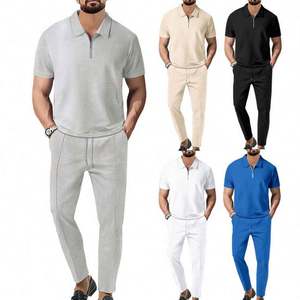 Nuevo Conjunto de 2 Piezas de Camisa Polo para Hombre, Estilo Casual, Transpirable, con Solapa, Pantalones con Cordón Ajustable, Color Sólido - Product Image 2