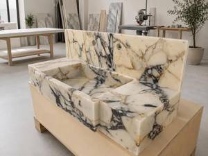 Lavabo Flotante de Mármol Natural de Lujo, Lavabo Integrado de Piedra, Encimera de Baño Montada en la Pared con Diseño Acanalado, Duradero - Product Image 3