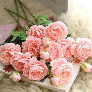Vente en gros de fleurs artificielles en soie à 3 têtes, roses et pivoines, bouquet de fausses roses pour la décoration de mariage et de la maison - Product Image 6