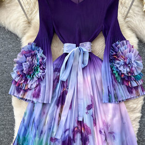Abiti da Donna Stile Elegante con Stampa Floreale 3D, Maniche Lunghe e Orlo a Volant, Vestito Linea A alla Moda - Product Image 6