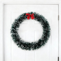 LINGKAI 38CM Grün-Weißer Rand Schleife Dichter Ringfellstreifen Weihnachtskranz Girlande für Feiertags-Türdekoration