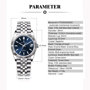 Montre mécanique pour homme Octopus 36 mm en acier inoxydable PT5000/SW200, mouvement automatique, étanche 100 m, montre-bracelet de luxe tendance - Product Image 4