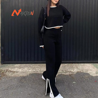 Ensemble Tailleur Pantalon Décontracté pour Femmes à Panneaux, Fente Latérale, Taille Haute, Manches Longues et Haut Court Deux Pièces