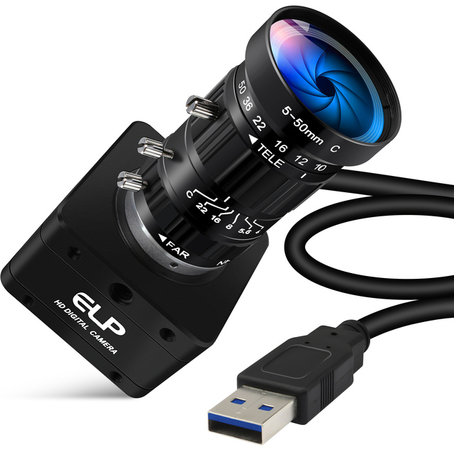 ELP USB3.0 4K 60fps High Speed Industrial Camera,CS-Mount 10X Manual 5-50mm Varifocal Zoom Lens Plug and Play Webcam