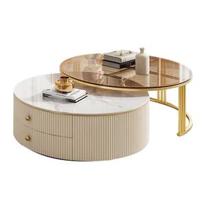 Mesa de Centro de Vidrio con Placa de Roca, Grande, Combinable, para Sala de Estar, Estilo Moderno Minimalista, para Apartamentos Pequeños, Telescópica, Alta y Baja - Product Image 1
