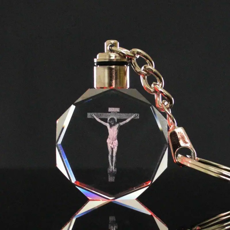 personalized cheap 3d laser cross Jesus Christ octagon crystal key chain