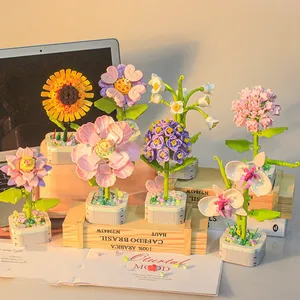 مجموعة مكعبات بناء عباد الشمس DIY أبدية ، مجموعة قرميد وردية بوعاء ، هدية صديق للكبار للفتيات