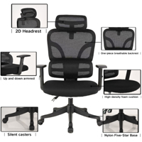 Chaise de bureau ergonomique en plastique noir à dossier haut avec appui-tête réglable et accoudoirs réglables en hauteur pour le bureau à domicile