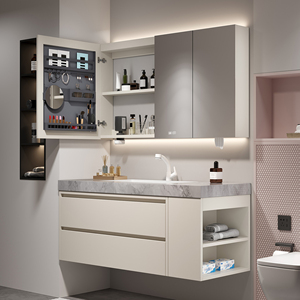 Meuble-lavabo de salle de bain avec vasque simple/double personnalisable, meuble-lavabo mural en bois massif de 36 à 92 pouces avec <span class=keywords><strong>miroir</strong></span> intelligent anti-buée - Product Image 4