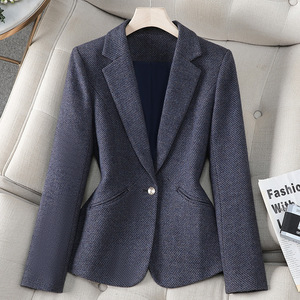 Women's <b>Wool</b> Blazer Gray Blue Solid Color Slim Fit Anti Wrinkle Autumn Winter Jacket - Product Image 1