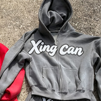Ensemble de survêtement unisexe personnalisé 2 pièces, sweat à capuche court zippé avec impression en relief et pantalon large, OEM en gros