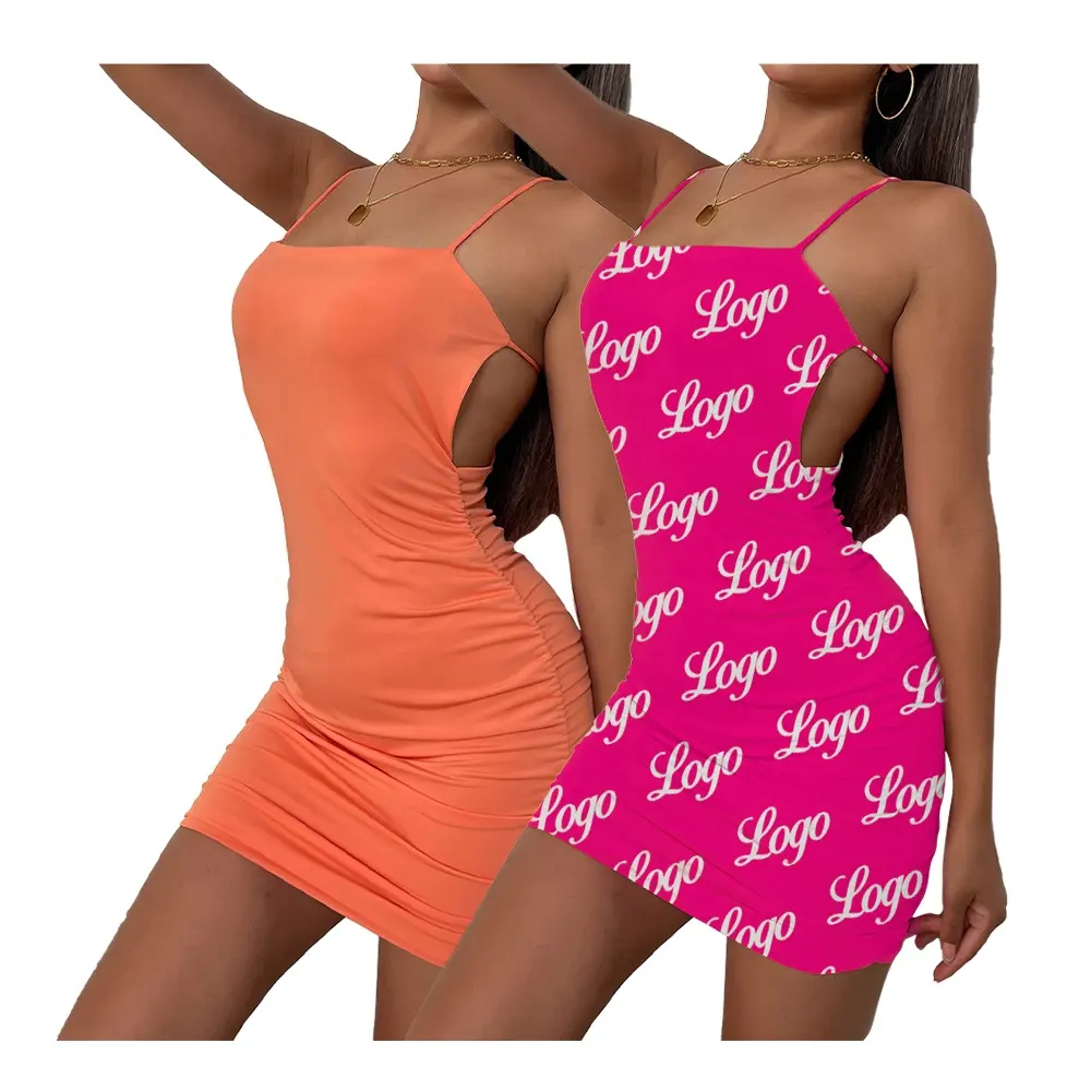 Özel Logo Bodycon elbiseler kolsuz seksi sapanlar boyun kılıf Sling gece parti gece elbisesi elbise