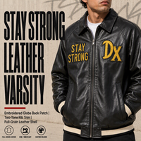 Blouson universitaire personnalisé en cuir pleine fleur 500 g/m² avec écusson brodé globe au dos, poignets et ourlet bicolores, vêtement d'extérieur streetwear OEM ODM