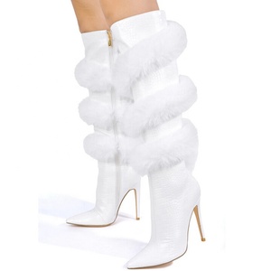 Cross Wrap Fur Women High Heels Boots Animal Prints Large Size 45 Wide Fit Shoes Pointy Toe Zipper Long <b>Booties</b> - Product Image 2