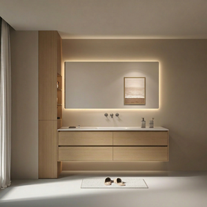 Minimalist Natural Wood-Style Stone Slab Vanity Integrated Sink Smart <b>Mirror</b> <b>Wall</b>-Mounted Bathroom Cabinet - Product Image 1