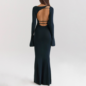 Robe longue en tricot soyeux bleu nuit élégant OEM pour femmes Robe formelle fluide sans manches - Product Image 5