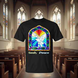 Cherchez la paix Religieux Christian Dove Art T-Shirt Vitrail Design - Product Image 3