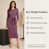 Robe midi personnalisée à imprimé pied-de-poule rose et vert pour femmes |   Robe cintrée à manches 3/4 avec ceinture à nouer à la taille |   Usine de fabrication OEM/ODM en marque blanche