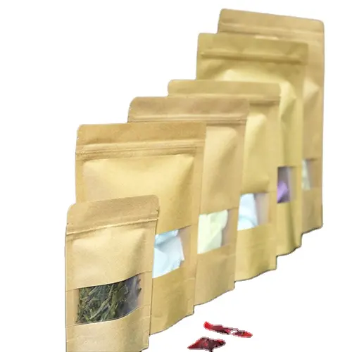 Sacs en papier kraft biodégradables avec logo personnalisé, emballage alimentaire sec brun à fermeture éclair