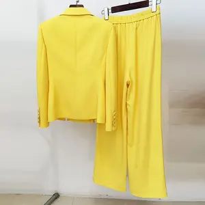 Bouton décoration printemps nouvelle veste jaune Blazer pantalon à jambes larges deux pièces élégant femmes costumes formels ensemble bureau dame tenues - Product Image 4