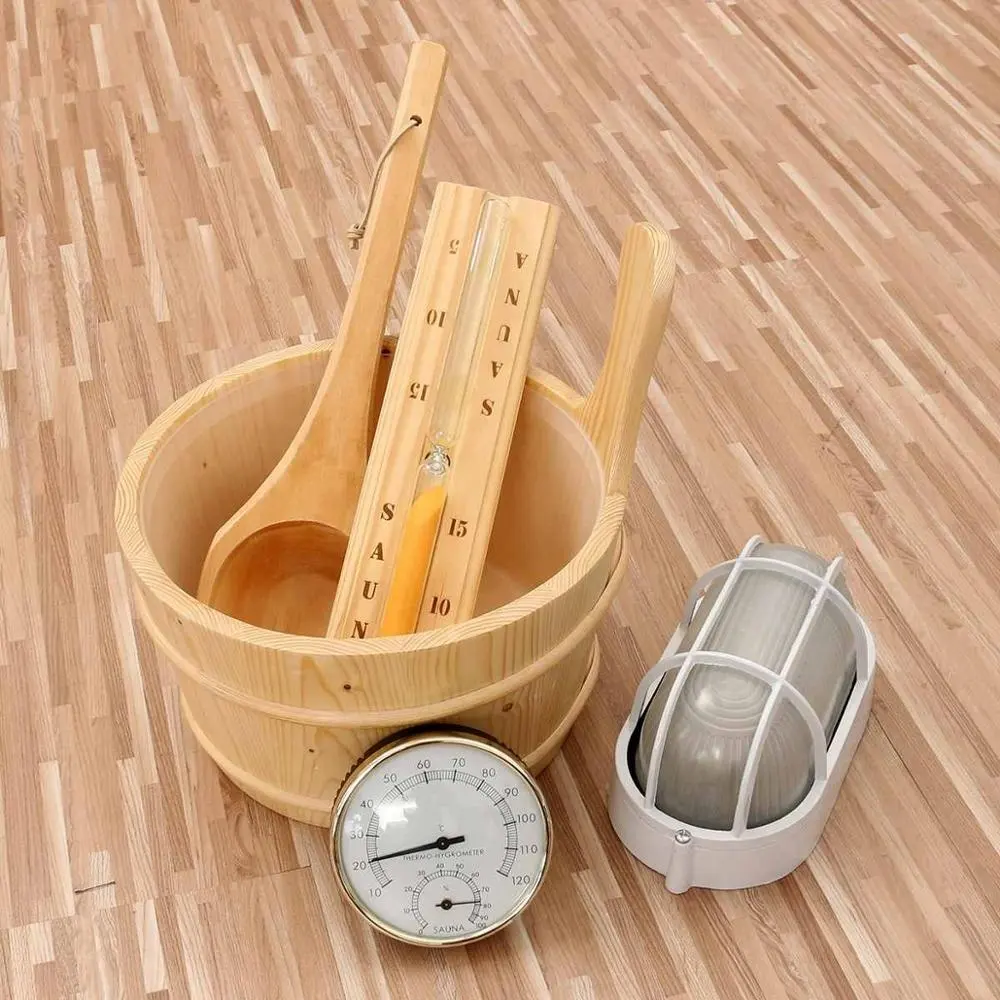 Nieuwe Sauna/Stoomkameraccessoires Houten Vat + Lepel + Zandloper + Thermometer + Lamp - 5 Stuks