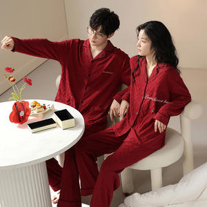 Pijama de algodón Jacquard con marco rojo para parejas, pijama de algodón de manga larga para hombres y mujeres, Conjunto de pijama para mujer - Product Image 4