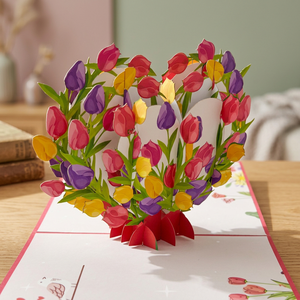 Biglietto d'Auguri 3D Pop-Up a Forma di Cuore con Tulipani Fatti a Mano, Tendenza del Momento, Regalo in Carta Artigianale Vietnam Hanoi, Stile Anime Personalizzato per la Festa della Mamma e San Valentino - Product Image 3